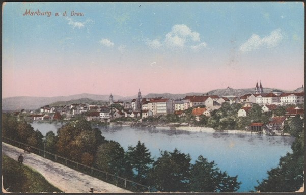 Printed colour postcard showing a panoramic view of Marburg an der Drau or Maribor in Slovenia.
Published by Verlag von Rudolf Gaisser, Marburg an der Drau, No 8278, c.1910.
Postally unused.
Good condition, with slight corner wear.