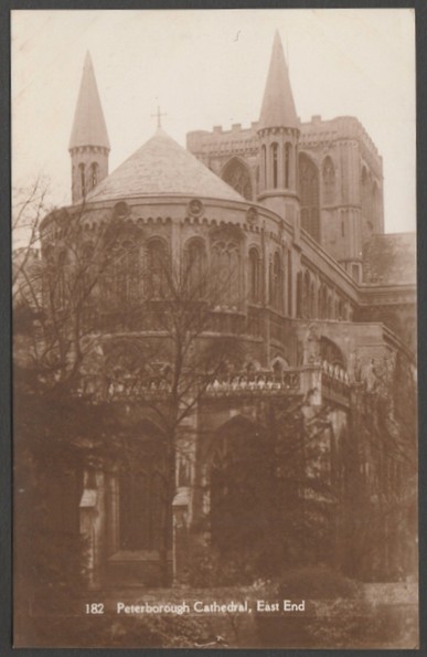 Sepia real photographic postcard showing a view of the east end of Peterborough Cathedral in Northamptonshire.
Published by King's Lodging, Peterborough, No 182, c.1930s.
Postally unused.
Excellent condition, with minimal corner bumps and light album marks.