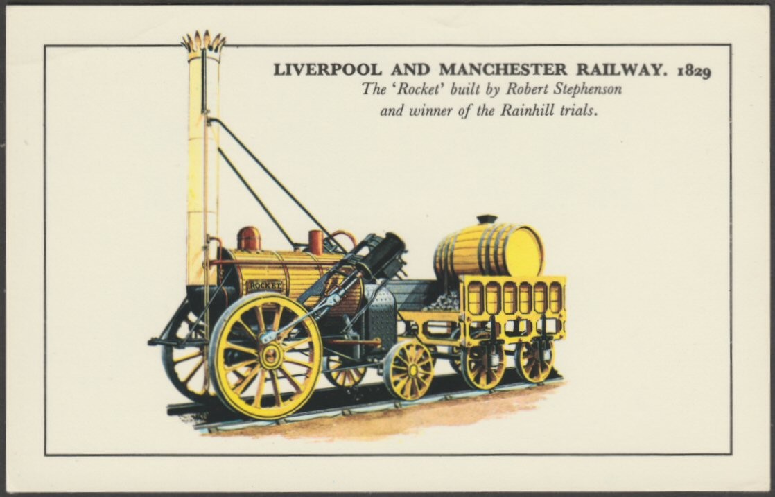 Printed colour postcard showing an illustration of the Rocket, built by George Stephenson in 1829 and used on the Liverpool and Manchester Railway.
Published by Photo Precision Limited, St Ives, Colourmaster International, No BSL 1.
Postally unused.
Good condition, with very slight corner bumps, but light crease to top left corner.