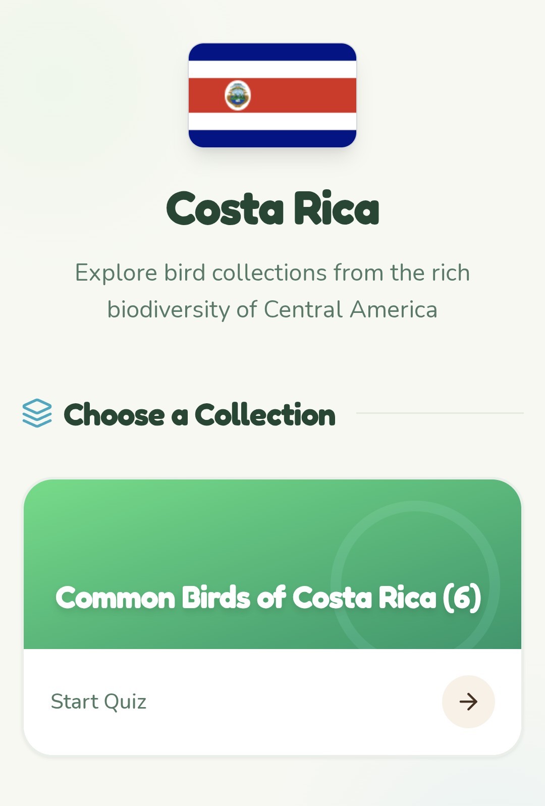 Text below an image of the Costa Rican flag:

Costa Rica

Explore bird collections from the rich biodiversity of Central America

Choose a Collection

Common Birds of Costa Rica (6)

Start Quiz