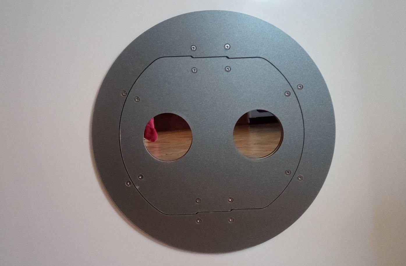 A silver Petflap draughtproof pet door set into a white door panel