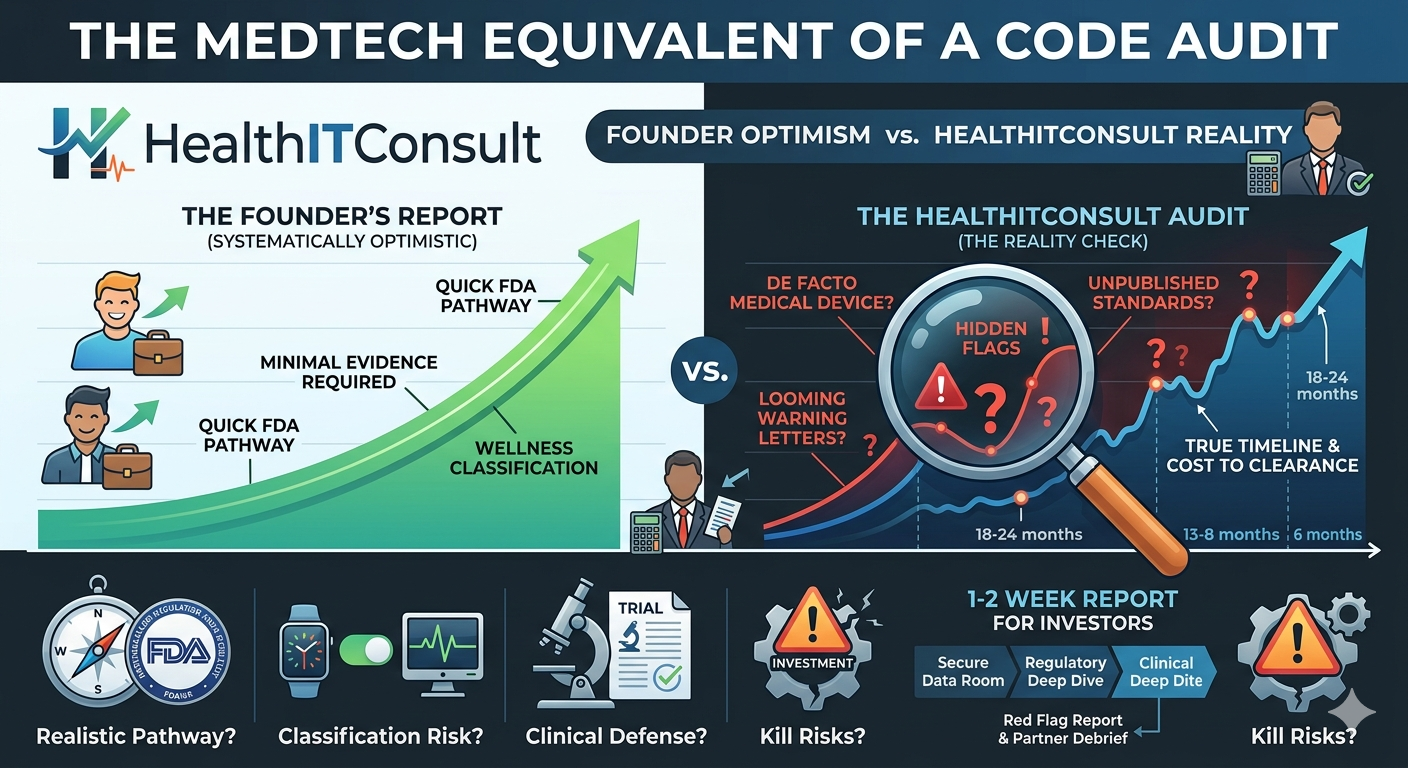 Problem: Betting millions on unverified regulatory roadmaps 🎲

Solution: Institutional-grade FDA readiness reports ✅

✔️ 1–2 week turnaround ✔️ Former FDA reviewers on staff ✔️ Stress-tests clinical + legal assumptions ✔️ Designed for VC, PE & Strategic CVCs

Stop funding optimism. Start funding certainty.

https://healthitconsult.com/fda-readiness-due-diligence-for-investors/

#DueDiligence #MedTech #FDACompliance #VentureCapital #HealthTech #RegulatoryStrategy #DigitalHealth #PrivateEquity