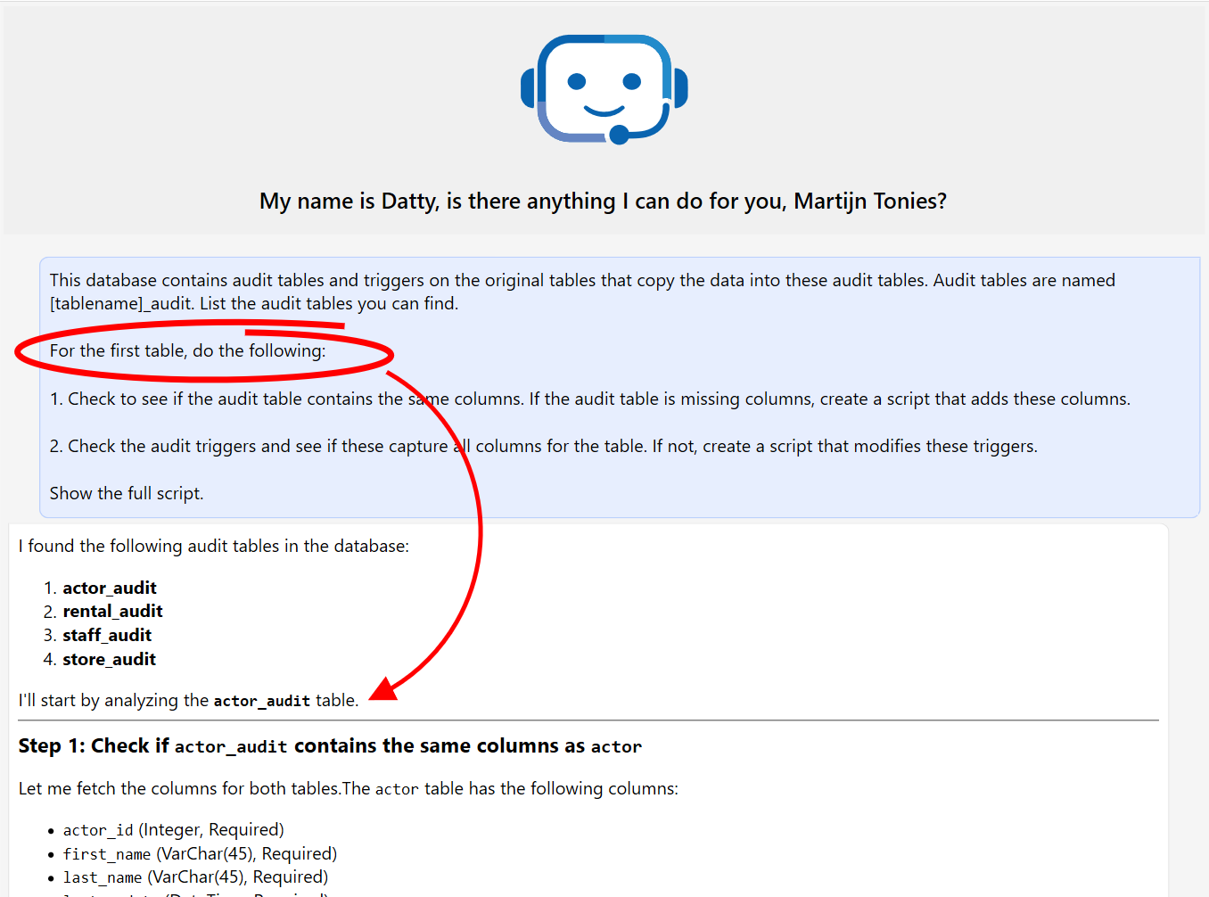 An AI prompt for a chatbot, with part of the result shown