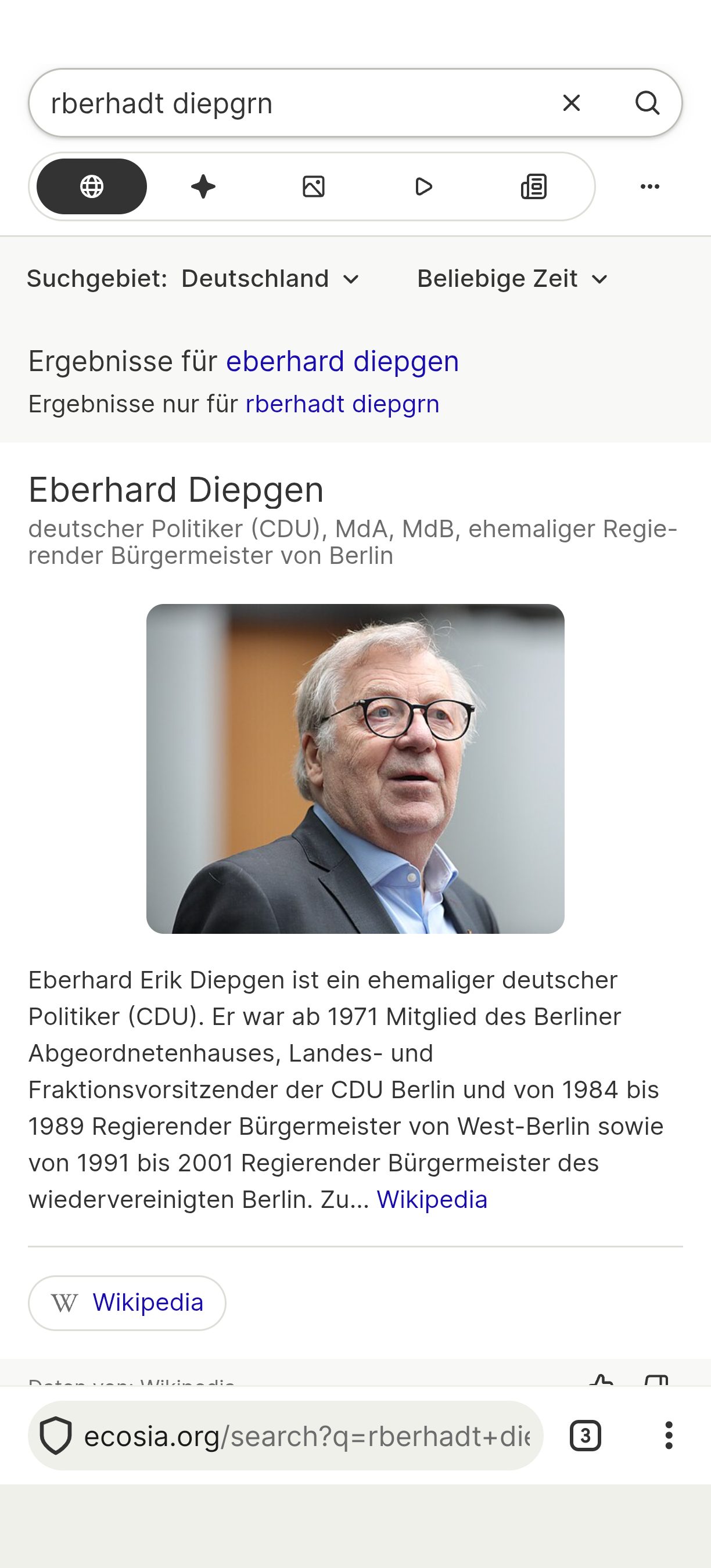 Wikipedia Auszug zu Eberhard Diepgen, Ecrrgietender Bürgermeister von Berlin.